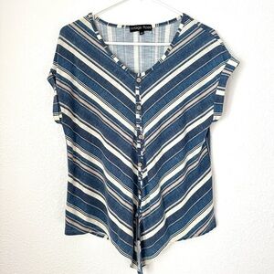 Vintage Rose Casual Top Women’s L Short Sleeve Striped Lightweight V-Neck Shirt